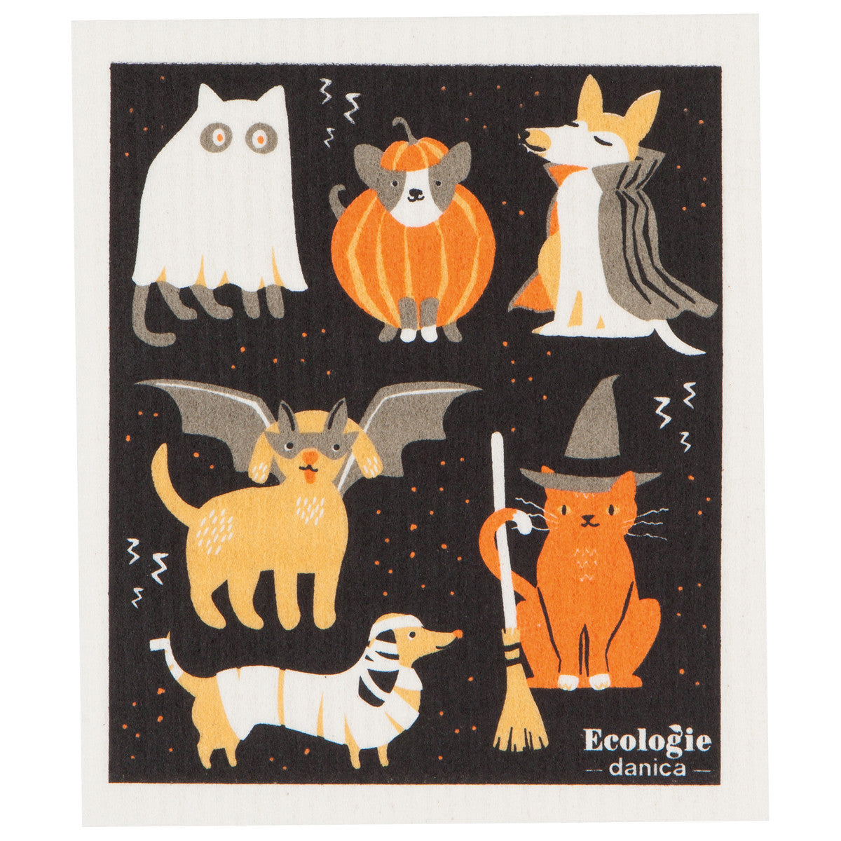 Halloween-themed Swedish dishcloth featuring illustrated cats and dogs in costumes on a black background.