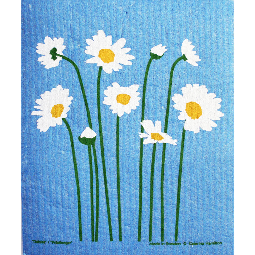 Blue Swedish dishcloth with white daisies, yellow centers, and green stems.