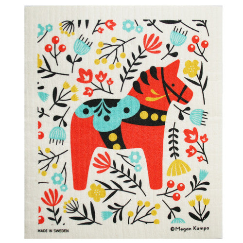 Red Dala horse dishcloth, floral design, white background, made in Sweden.