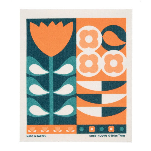 Swedish dishcloth with orange and teal floral design, made in Sweden.