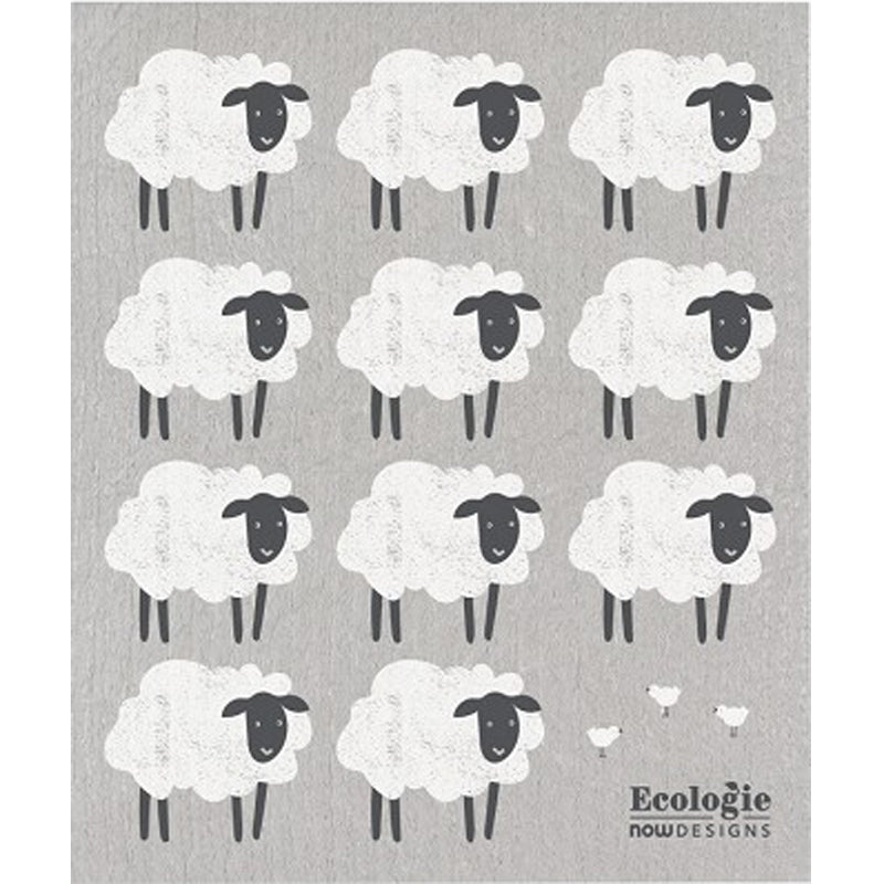 Gray Swedish dishcloth with white sheep pattern and small sheep at the bottom.