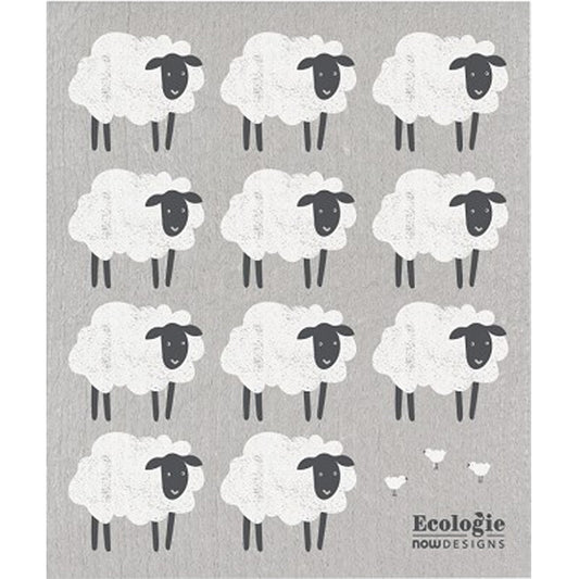 Gray Swedish dishcloth with white sheep pattern and small sheep at the bottom.