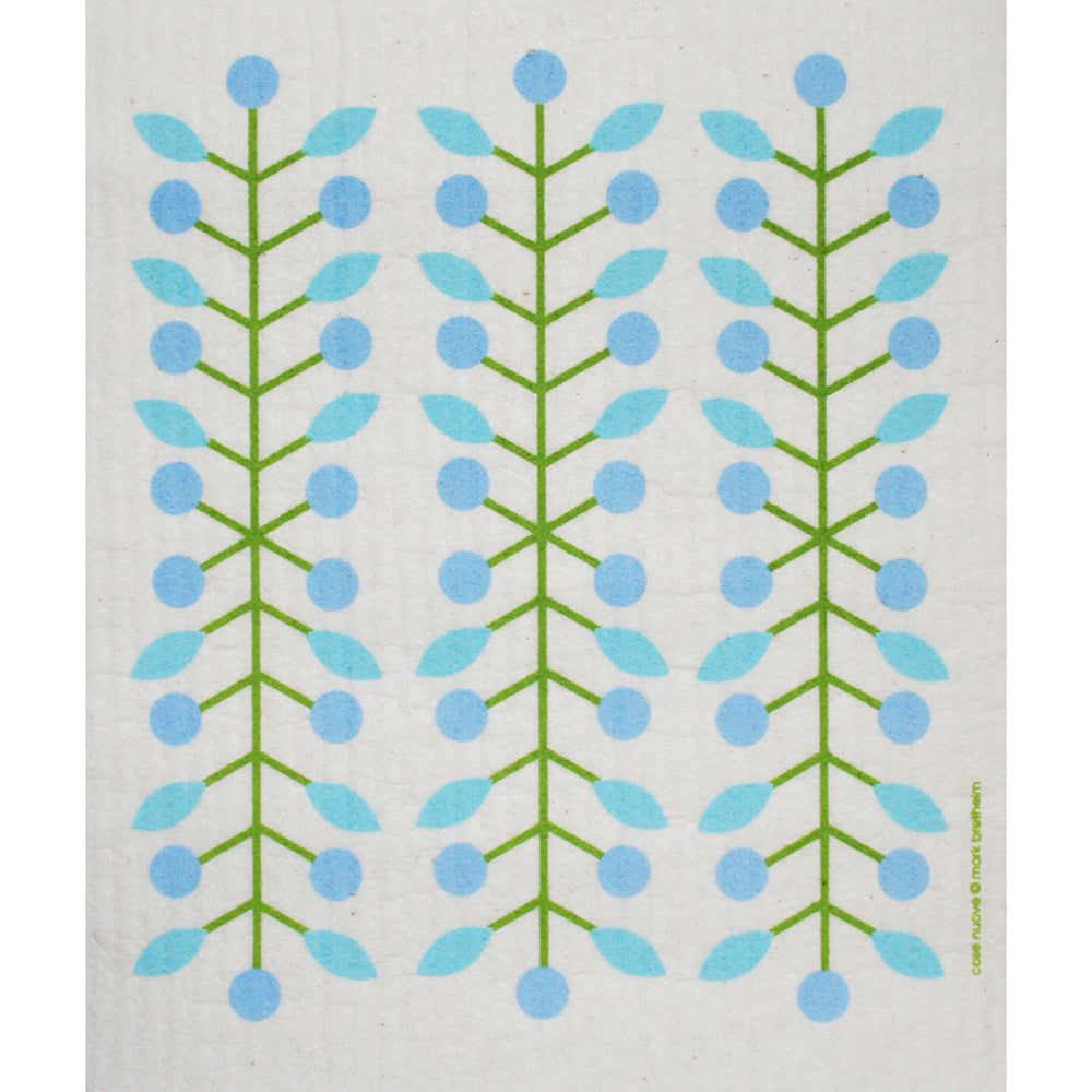 White dishcloth with repeating pattern of green stems, blue berries, and leaves.