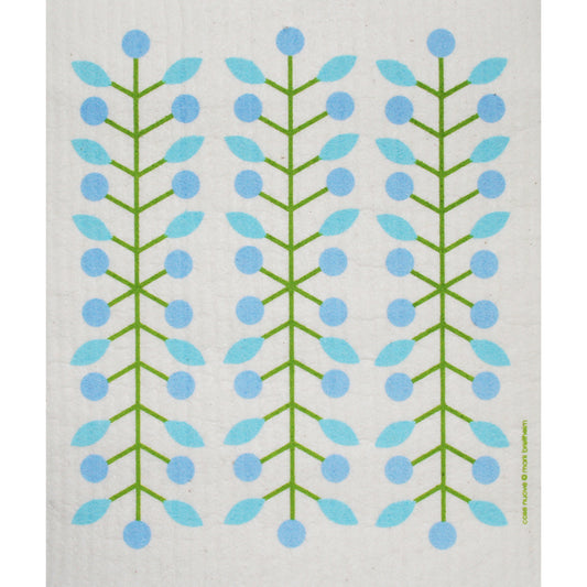White dishcloth with repeating pattern of green stems, blue berries, and leaves.