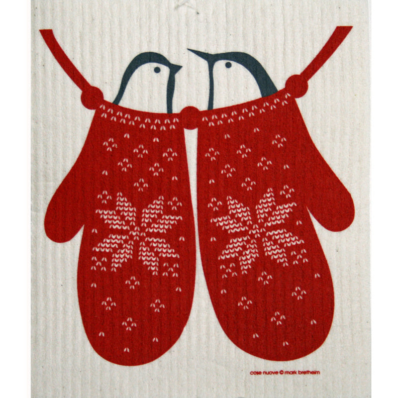 Red mittens with white snowflake design, two penguins, and red string on a white background.