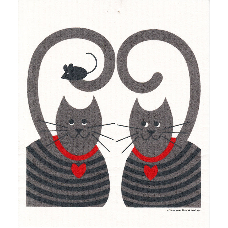 Two gray cat dishcloth with red heart and collar, mouse, white background.