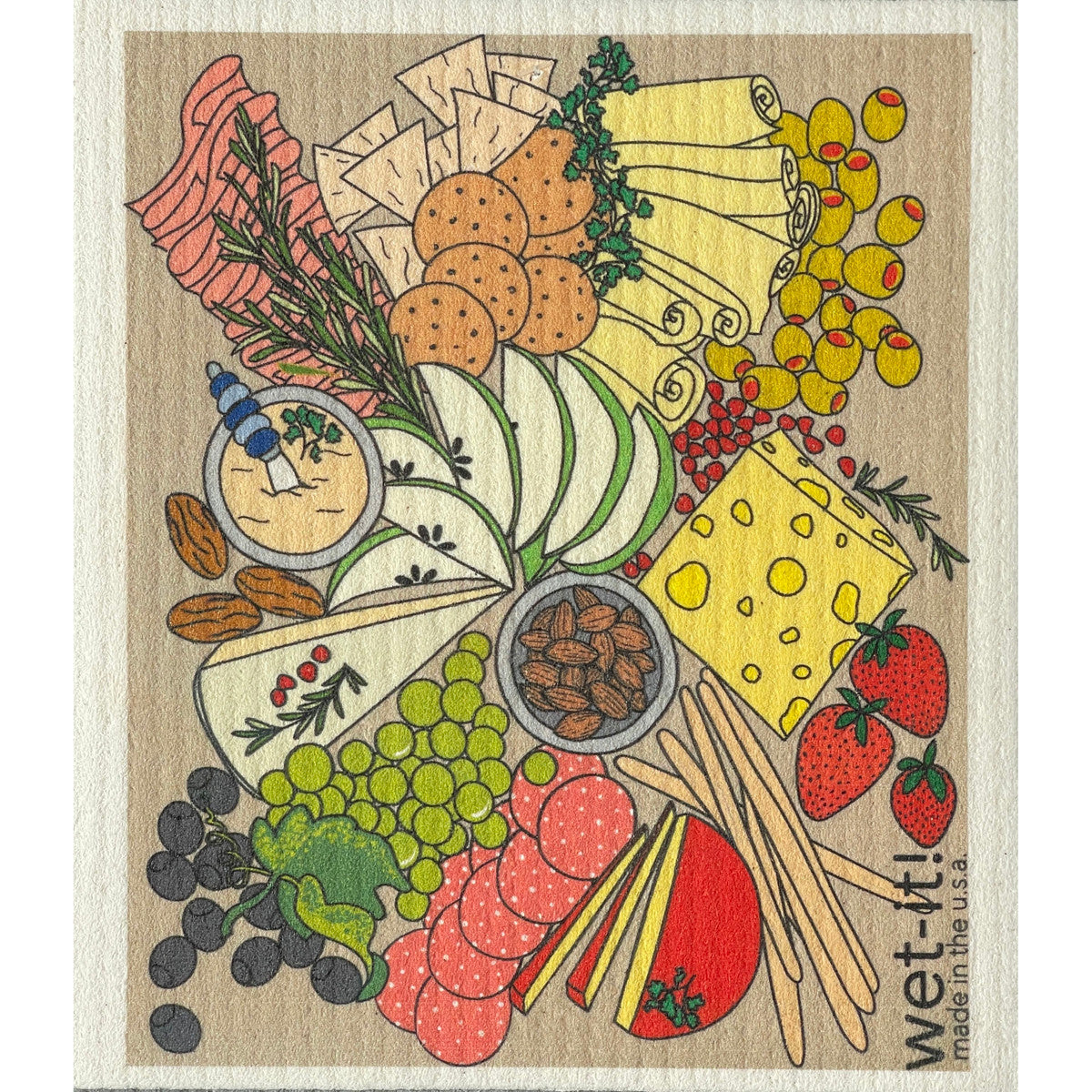 Charcuterie-themed Swedish dishcloth; beige background, colorful food illustrations, "wet-it!" logo.