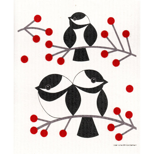 Swedish Dishcloth with black and white chickadee birds on a branch with red berries;
