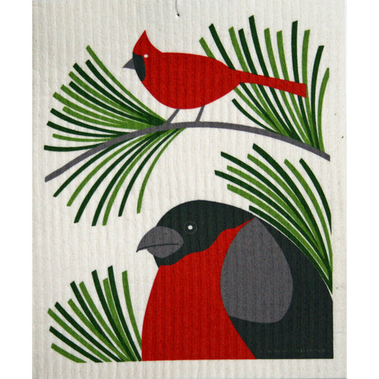 Red cardinal and bullfinch on a branch, green pine needles, off-white background.