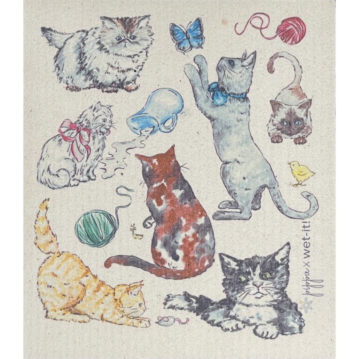 Whimsical cat illustration on a beige dishcloth; various cats, butterfly, yarn, and a chick.