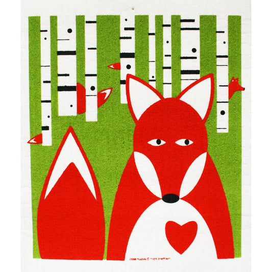 Red fox with white accents, heart, and tail in a green birch forest. Printed on a white cloth.