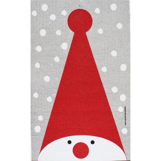 Red and white Tomte hat on a gray background with white polka dots; made of fabric.