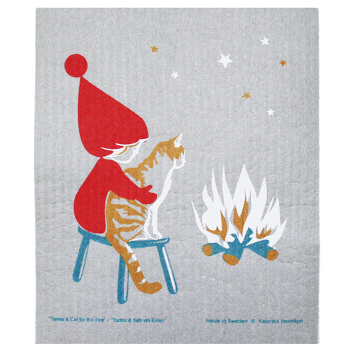 Swedish Dishcloth - Tomte & Cat by Fire