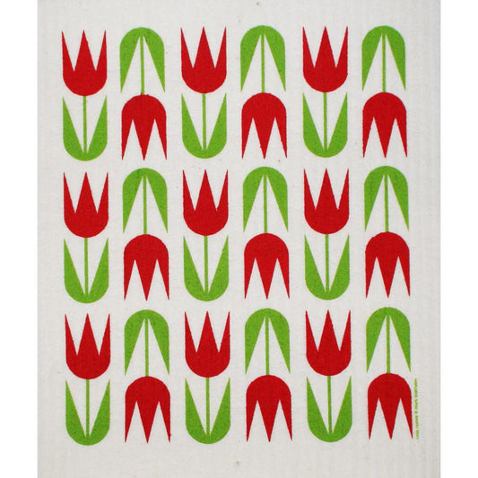 Red tulip pattern on a white dishcloth; green leaves, Scandinavian design.
