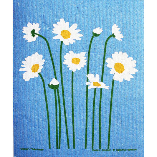 Blue Swedish dishcloth with white daisies, yellow centers, and green stems.