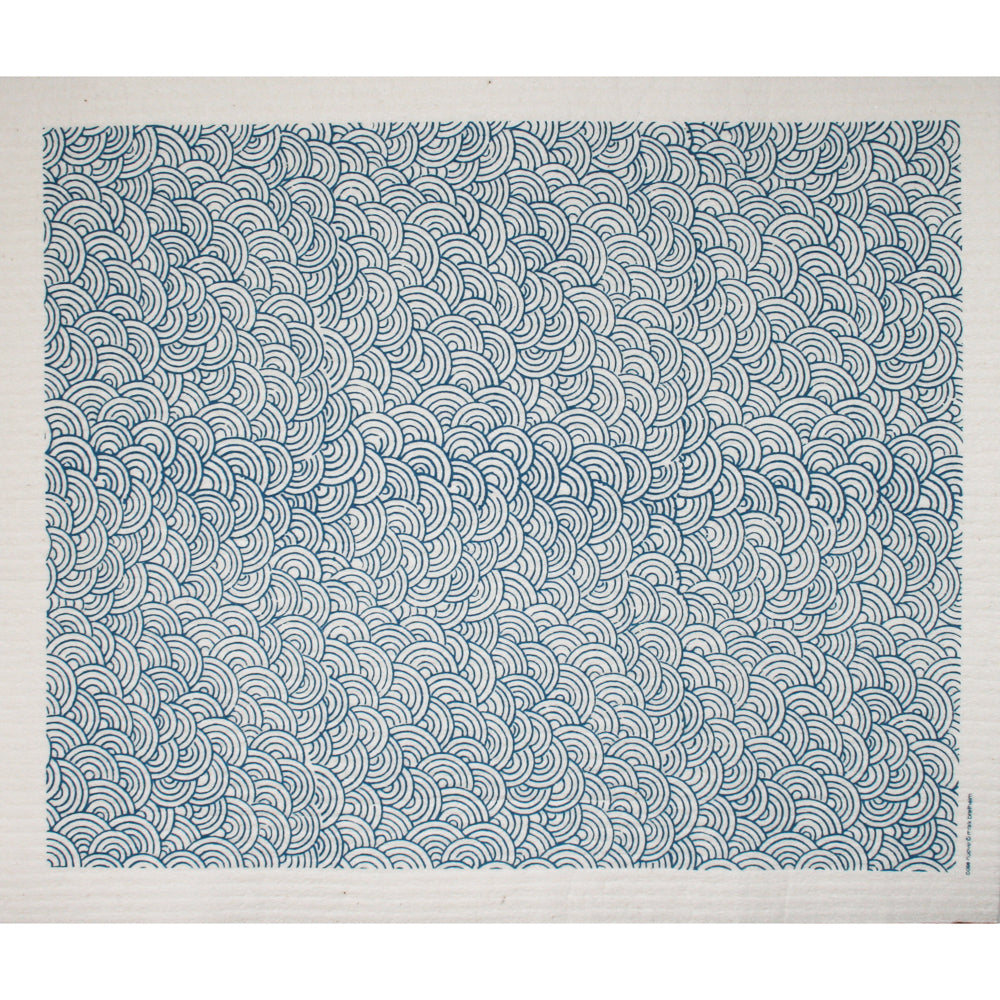 Blue and white patterned Swedish drying mat with circle design.