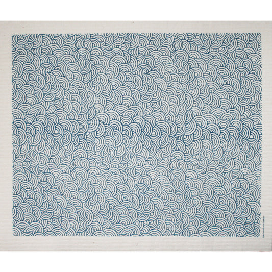 Blue and white patterned Swedish drying mat with circle design.